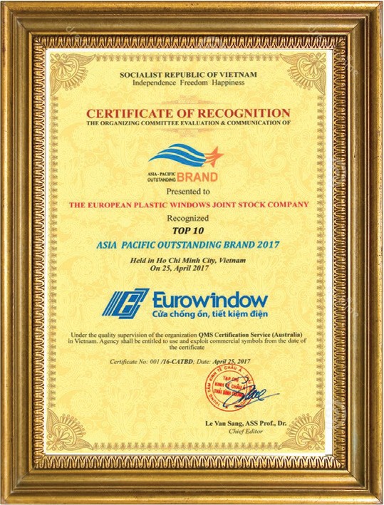 Chứng nhận Top 10 Asia Pacific Outstanding Brand 2017