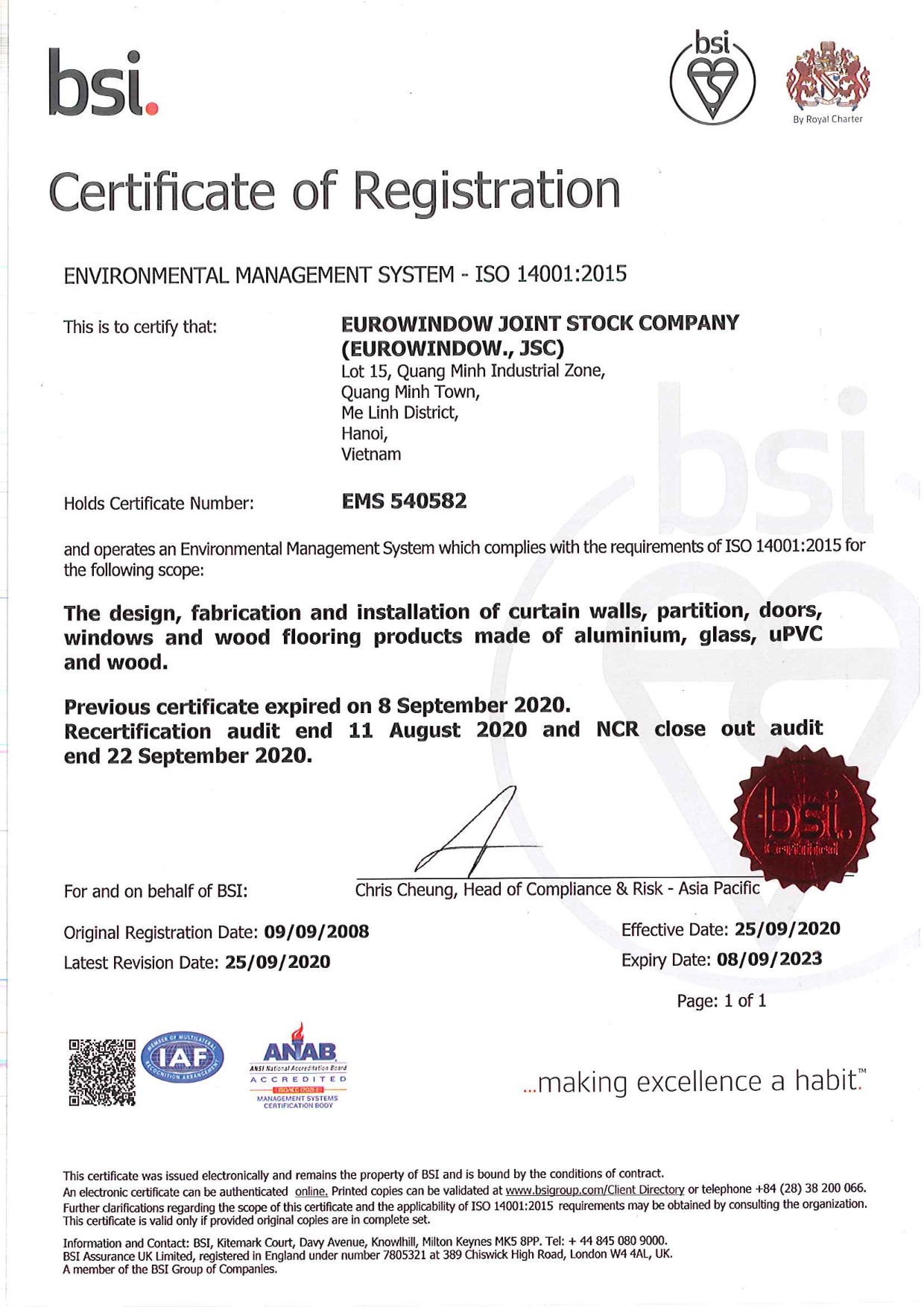 Chứng nhận ISO 14001:2015 do BSI cấp cho Eurowindow