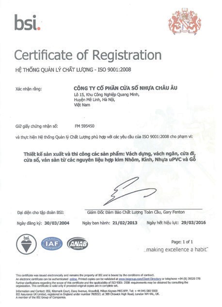 Chứng nhận ISO 9001:2008 do BSI cấp cho Eurowindow