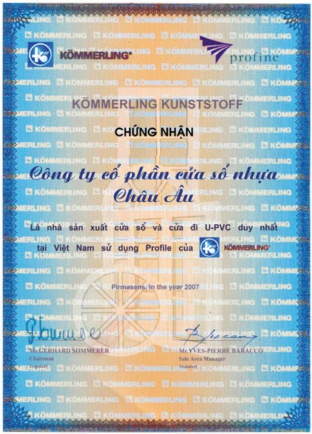Chứng nhận Kömmerling cho Eurowindow là nhà sản xuất uPVC duy nhất tại Việt Nam dùng profile Kömmerling