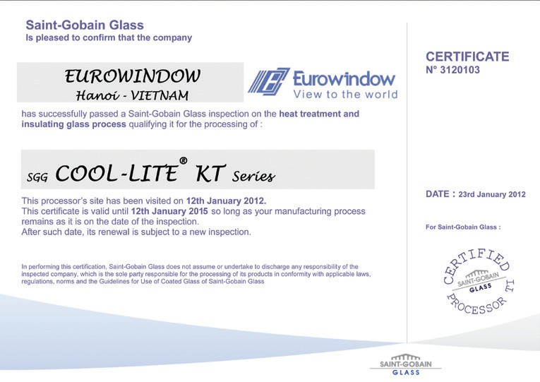 Chứng nhận Saint-Gobain Glass cho dòng kính SGG Cool-Lite KT