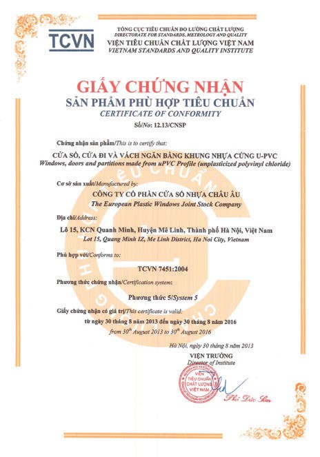 Chứng nhận TCVN 7451:2004 cho cửa sổ cửa đi uPVC Eurowindow