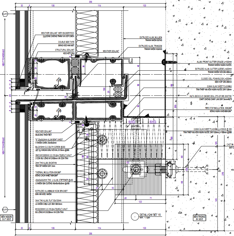 Mặt cắt mullion-transom kèm hệ chống cháy lan tại The Nexus