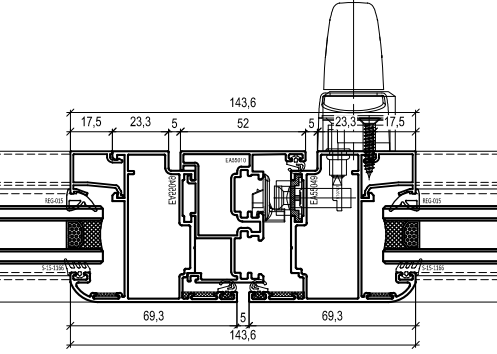 Mặt cắt mullion cửa sổ mở hất EA55
