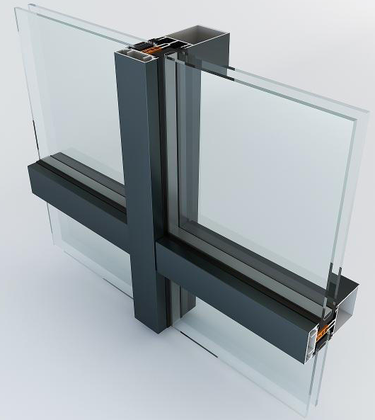 Phối cảnh 3D mối nối mullion - transom hệ vách dựng có nắp trang trí